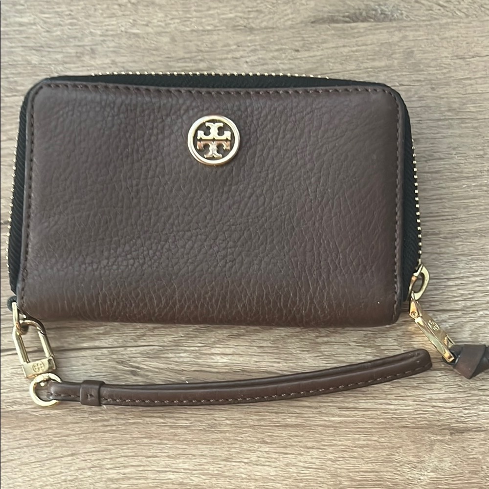 Tory Burch Chocolate Leather Wristlet with Gold Accents